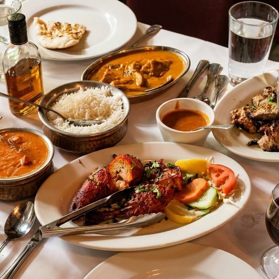 A table laden with various Indian dishes, including curries, rice, naan, and grilled meats.