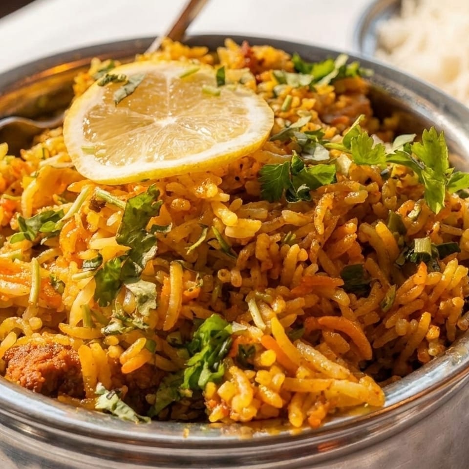 A metal bowl filled with chicken biryani, garnished with cilantro and a lemon slice.