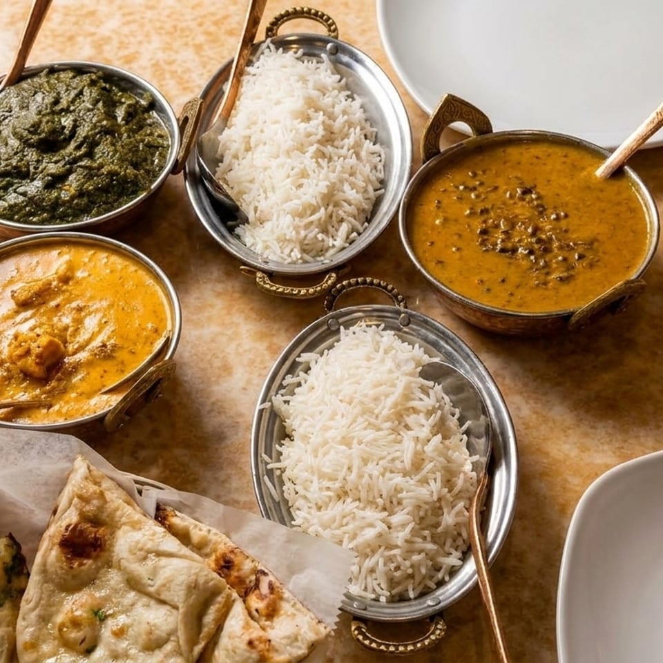 Indian dishes including saag, butter chicken, dal, rice, and naan bread on a marble table.