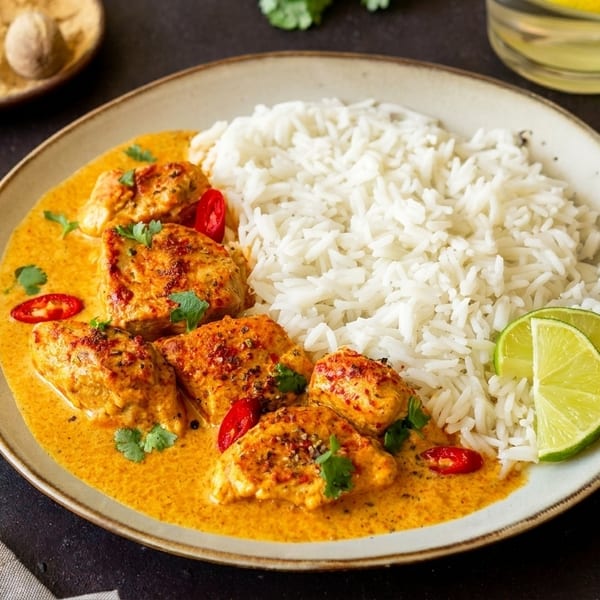 Chicken curry with white rice, lime wedges, and red chili peppers on a plate.