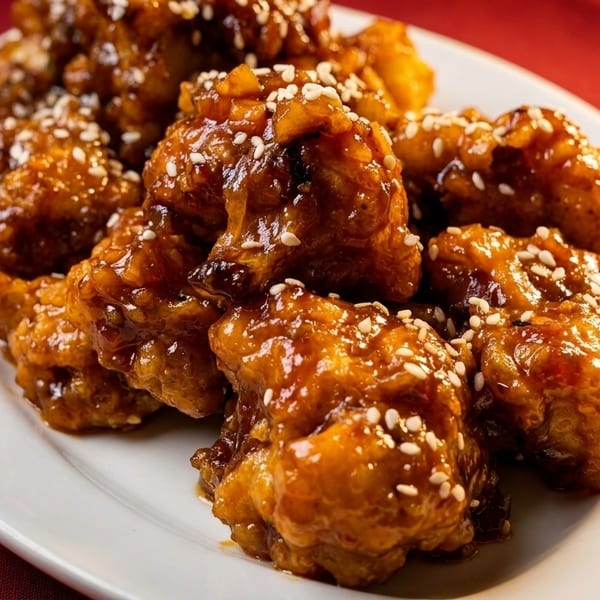 Close-up of crispy, glazed sesame chicken pieces on a white plate against a red background.